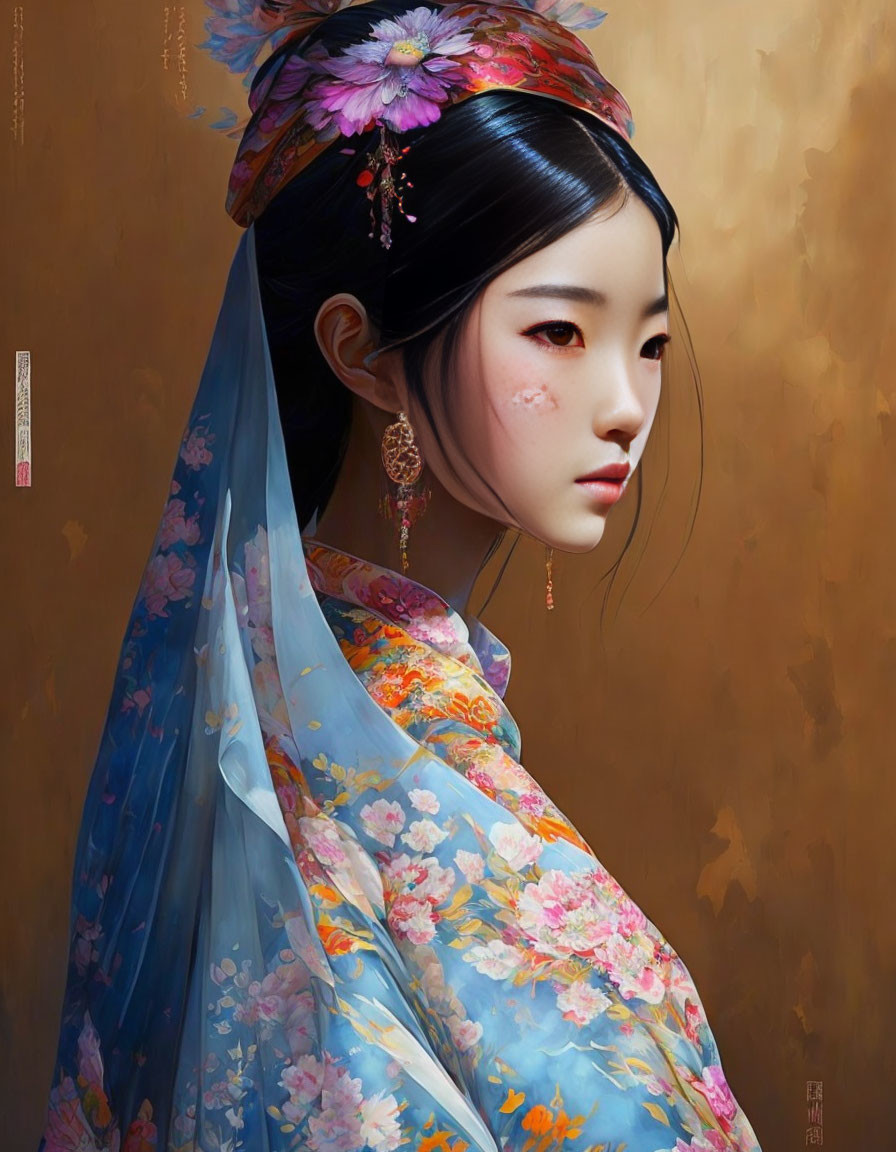 Digital artwork: Woman in East-Asian attire with floral patterns and headpiece