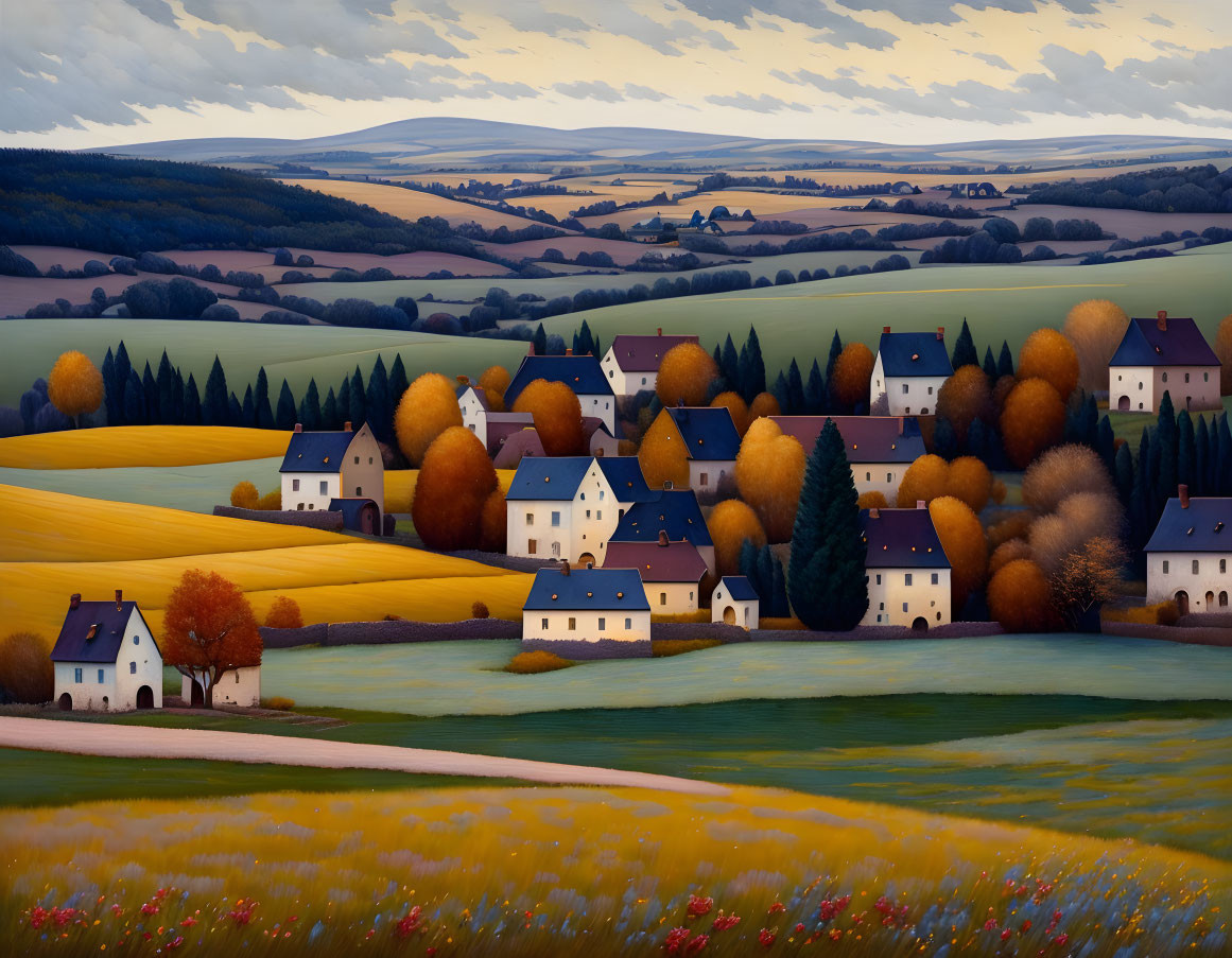 Tranquil village landscape with rolling hills and fall colors