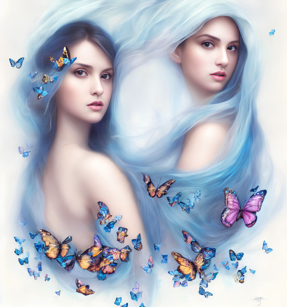 Women with Pale Blue Hair and Butterflies on White Background