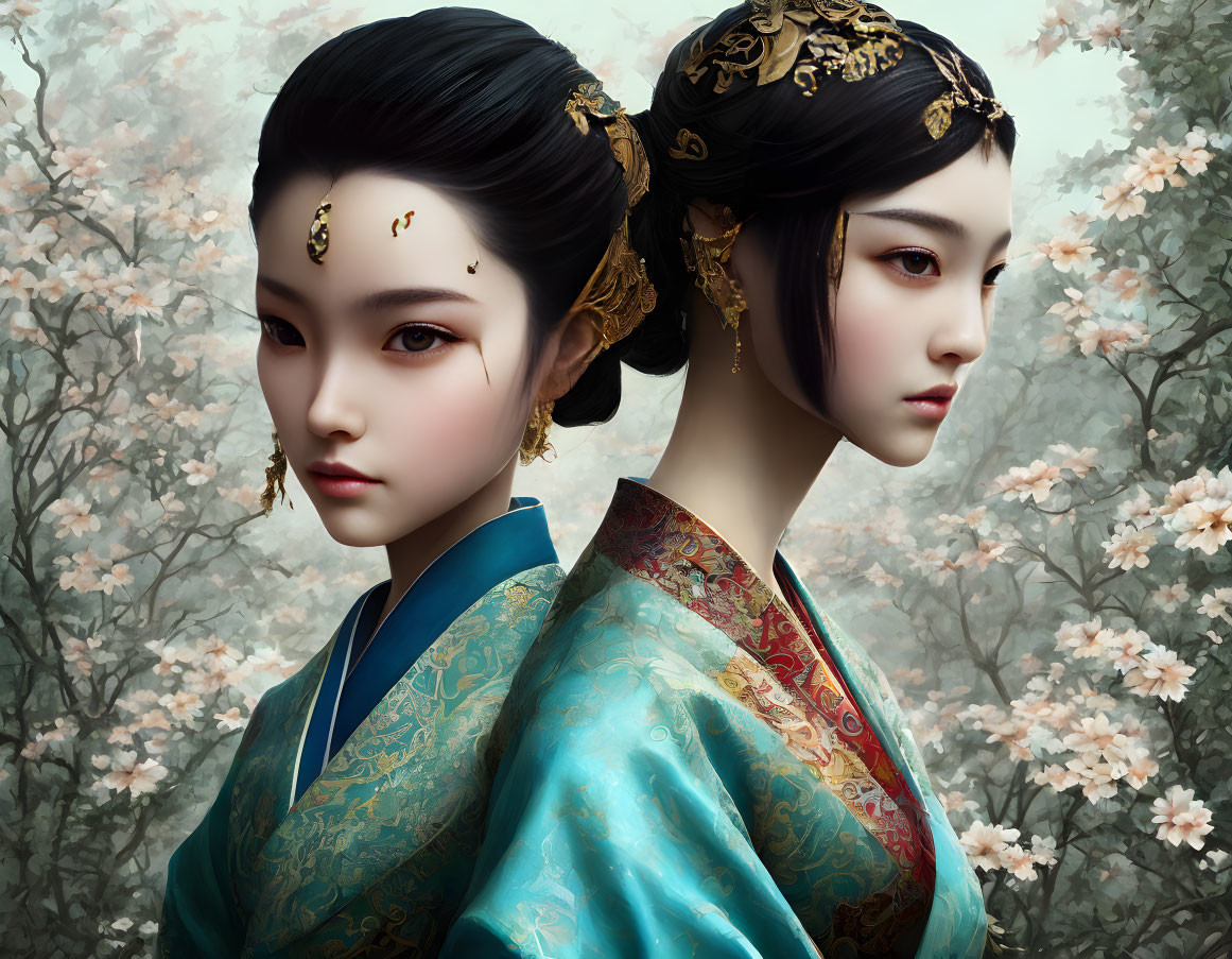 Two Women in Traditional Attire Among Blossoming Flowers