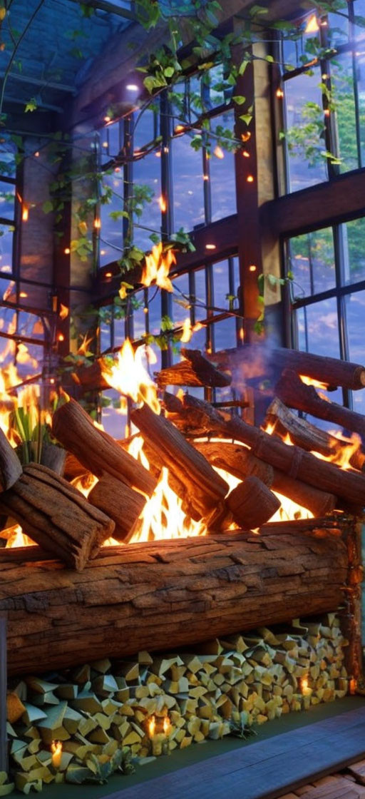 Indoor fireplace with burning logs and wood pile in forest-view room