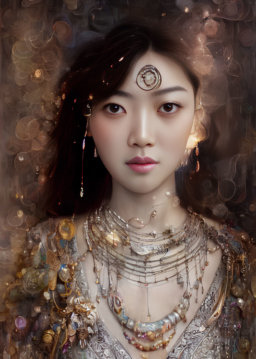 Ornate headpiece woman portrait with elegant aura