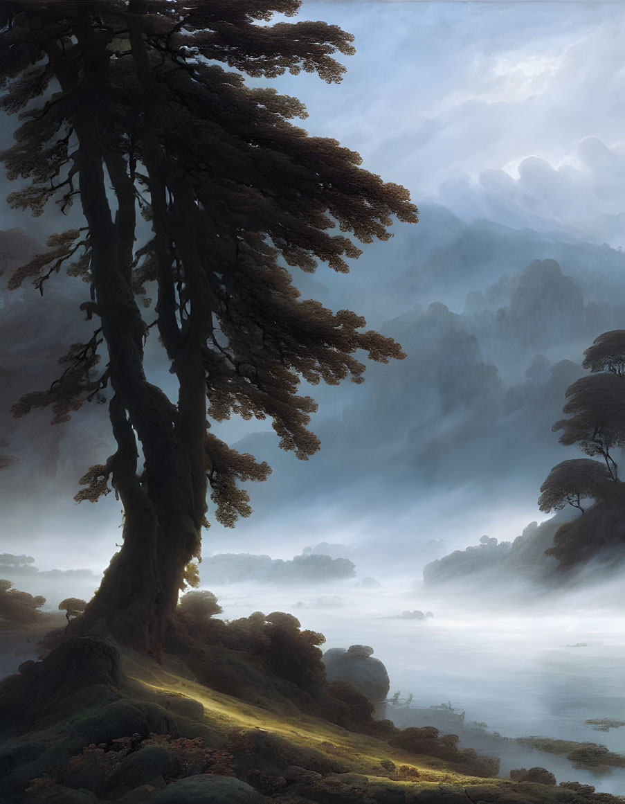 Mystical landscape with towering tree on fog-covered hillside