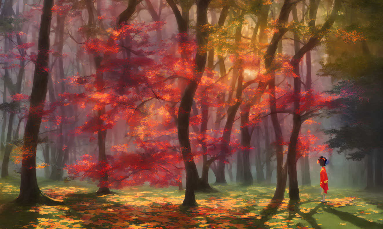 Autumn forest landscape with red leaves, sunlight, and figure in red cloak