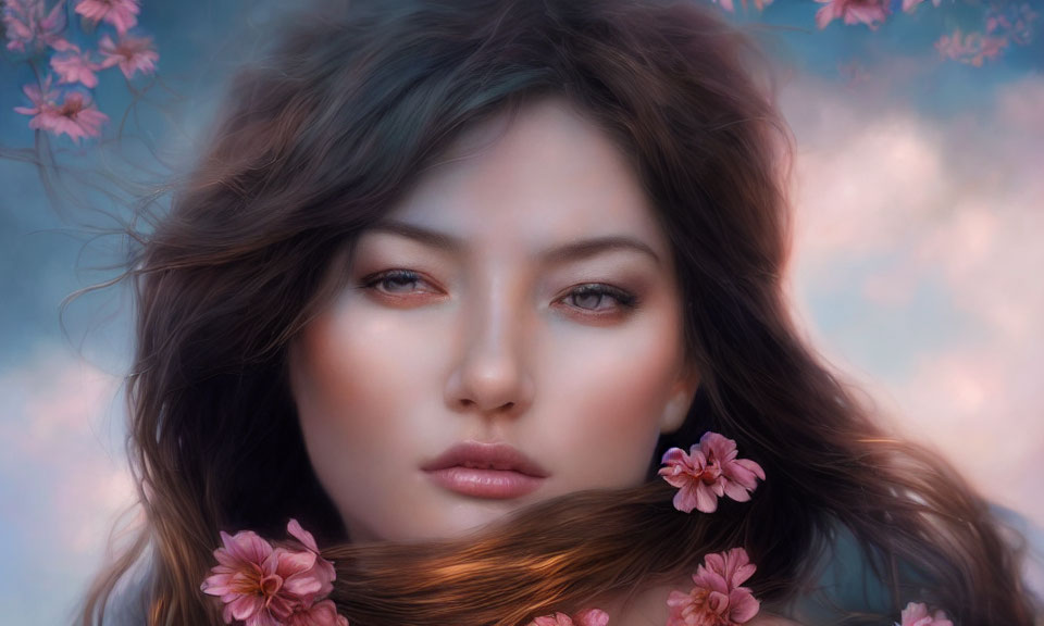 Digital art portrait of woman with flowing hair and pink flowers against cherry blossom background.