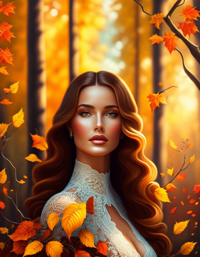 Digital portrait of woman with long brown hair and blue eyes in autumn setting