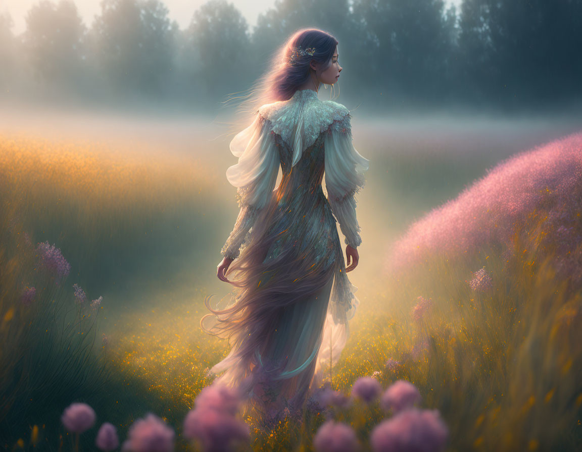 Woman in flowing dress walking through sunrise flower field