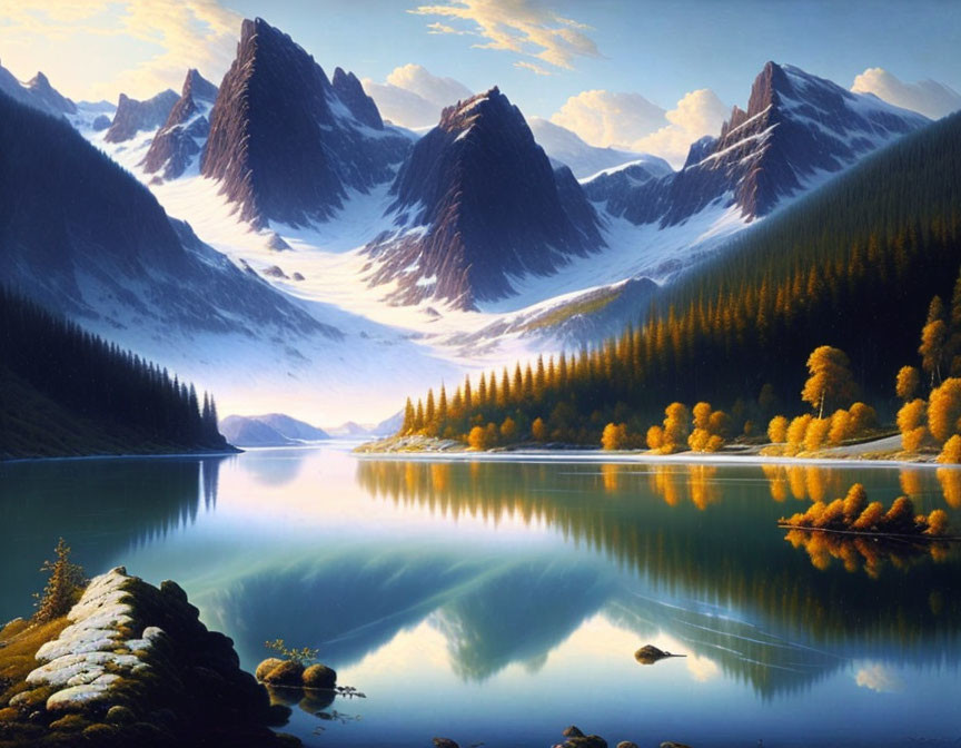 Tranquil landscape: mirror lake, towering mountains, autumn forest