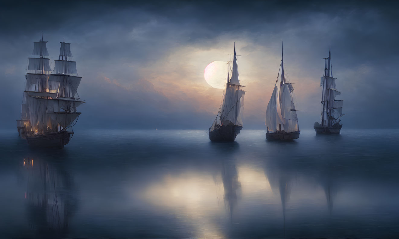 Three tall ships on calm sea with full moon and clouds at dusk