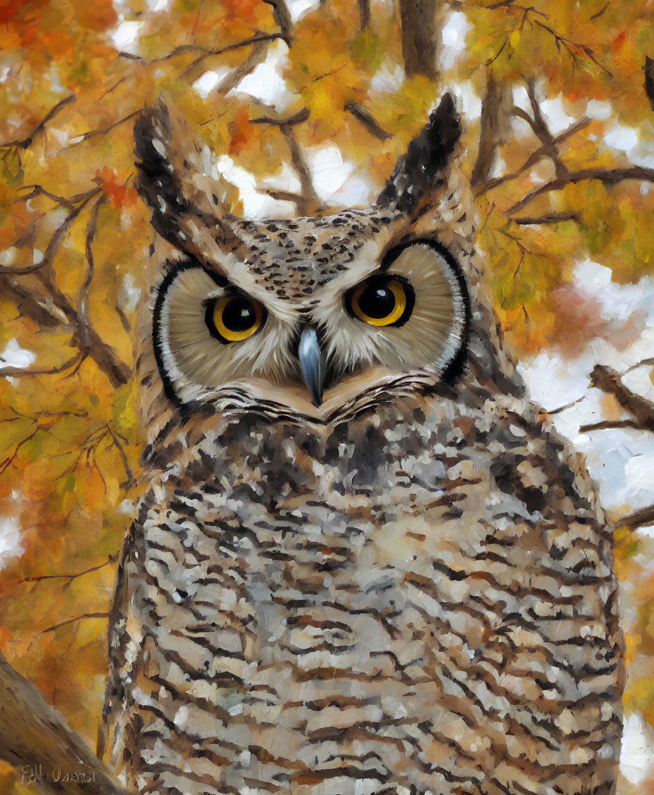 Detailed Owl Illustration with Striking Yellow Eyes and Brown Feathers