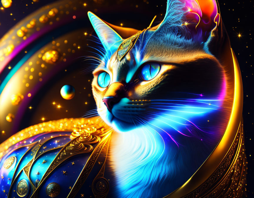 Colorful Cosmic Cat Artwork with Neon Fur and Celestial Jewelry