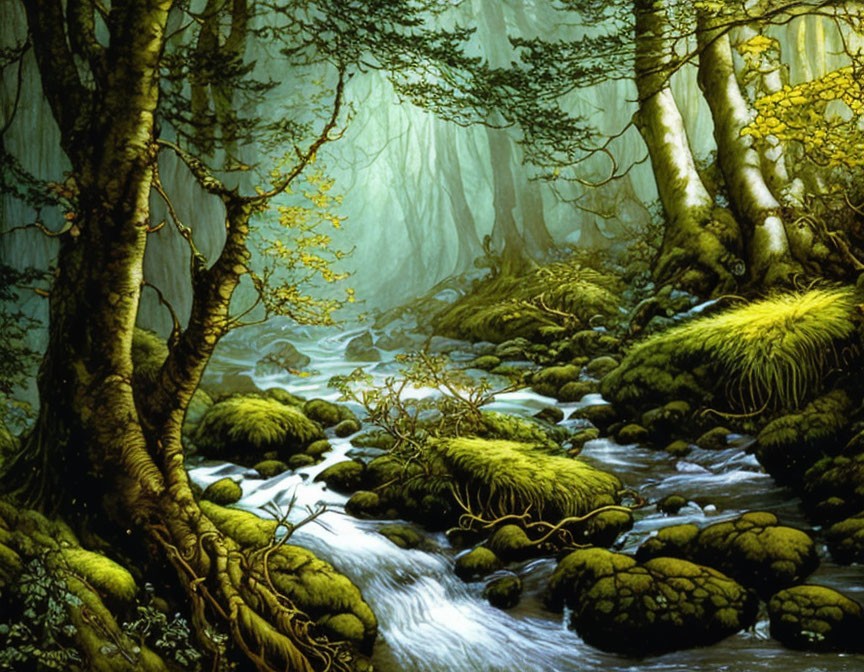 Serene forest stream with moss-covered trees & vibrant greenery