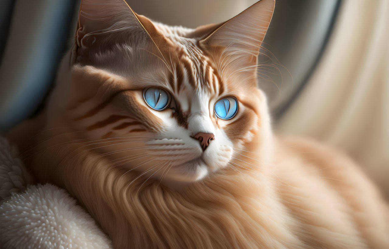 Fluffy orange tabby cat with blue eyes and whiskers in soft light