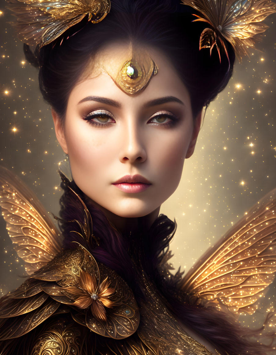 Digital artwork of a woman with butterfly wings and gold accessories on a sparkling golden background