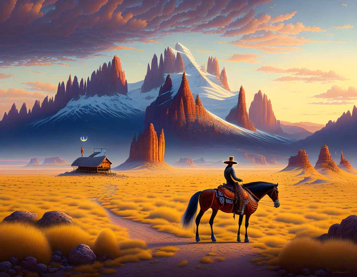 Cowboy on Horseback in Surreal Twilight Landscape