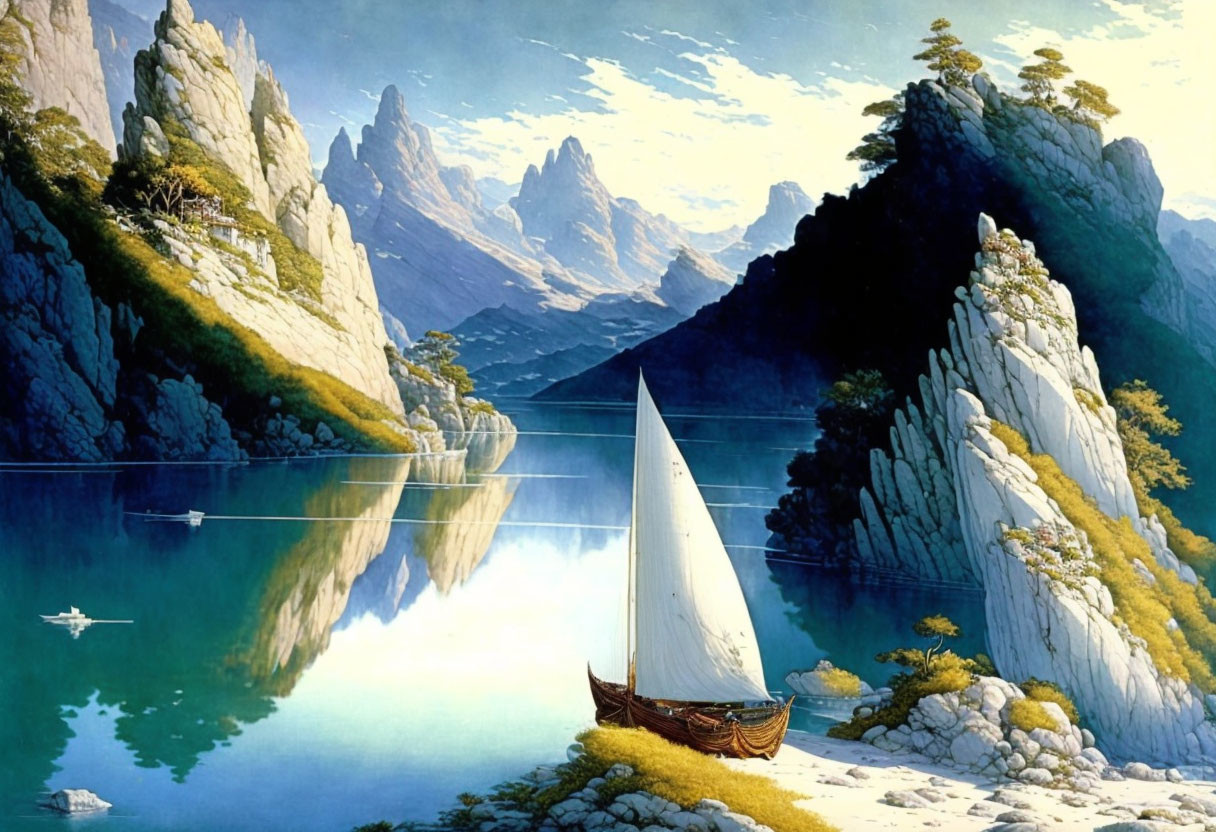 Tranquil sailboat scene in serene coastal landscape