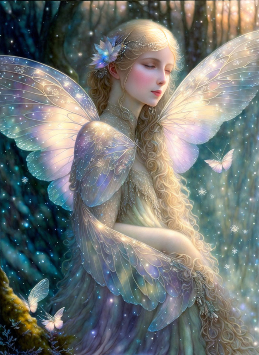 Ethereal fairy with iridescent wings in mystical forest