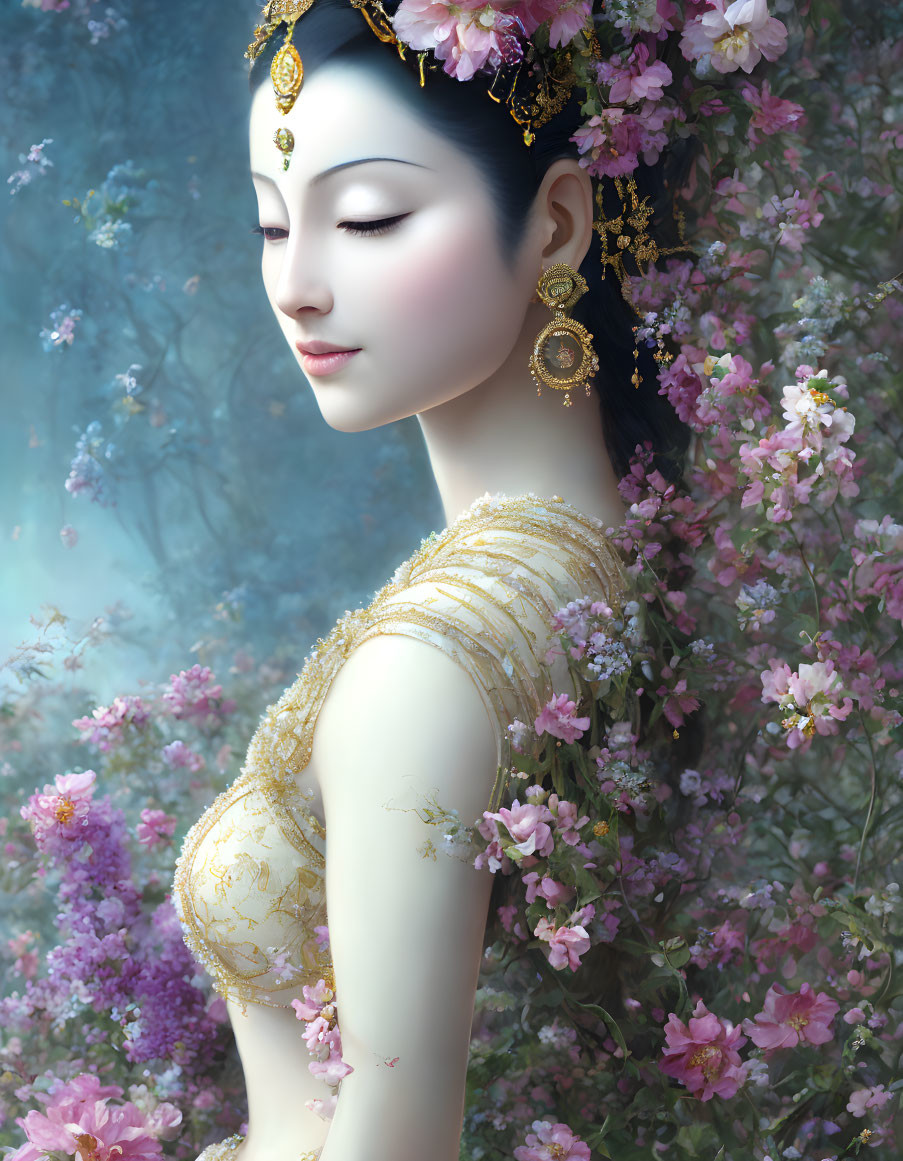 Woman adorned with golden jewelry in serene floral setting