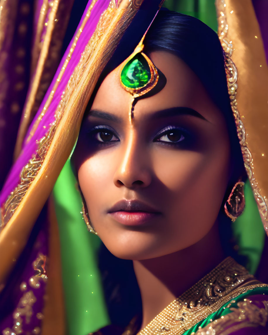 Traditional Indian woman in colorful sari with striking gaze and maang tikka