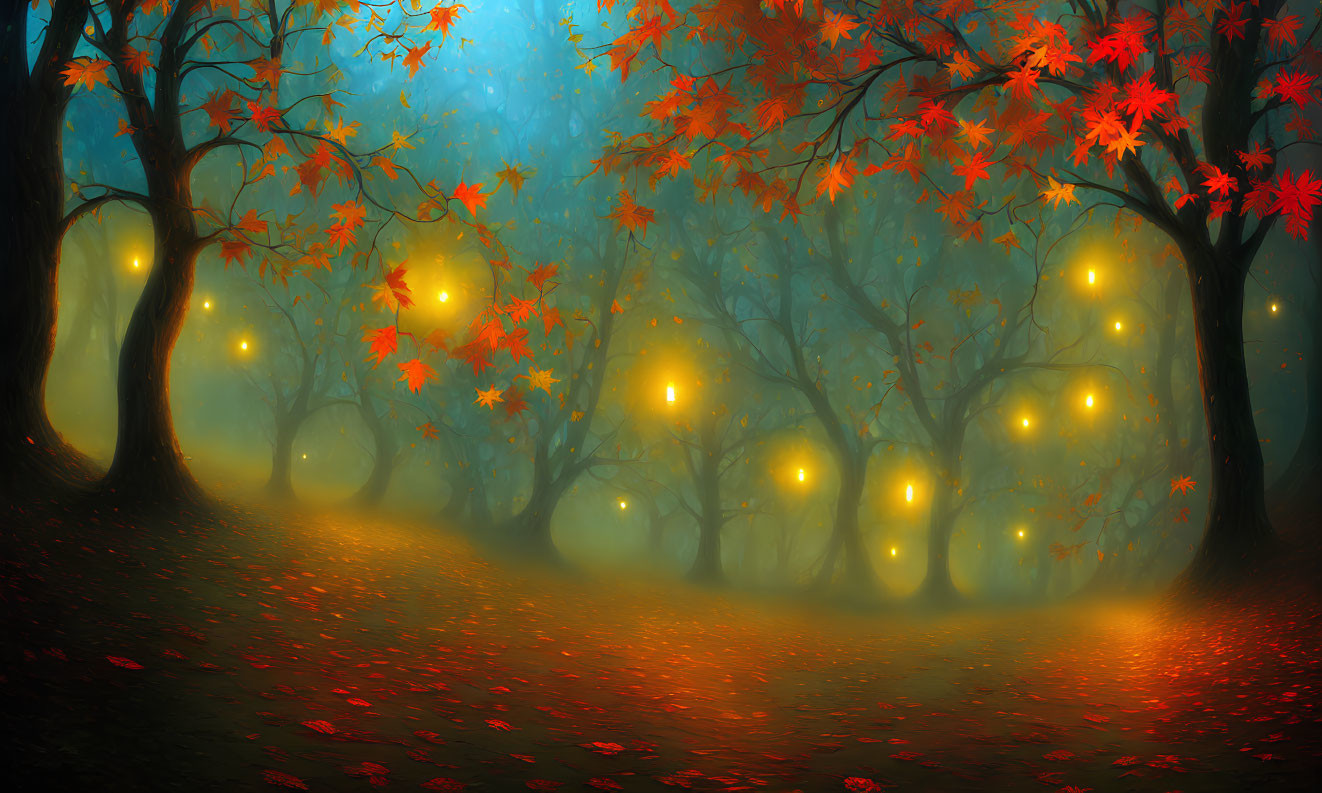 Mystical forest with glowing orbs and red autumn trees under hazy blue sky