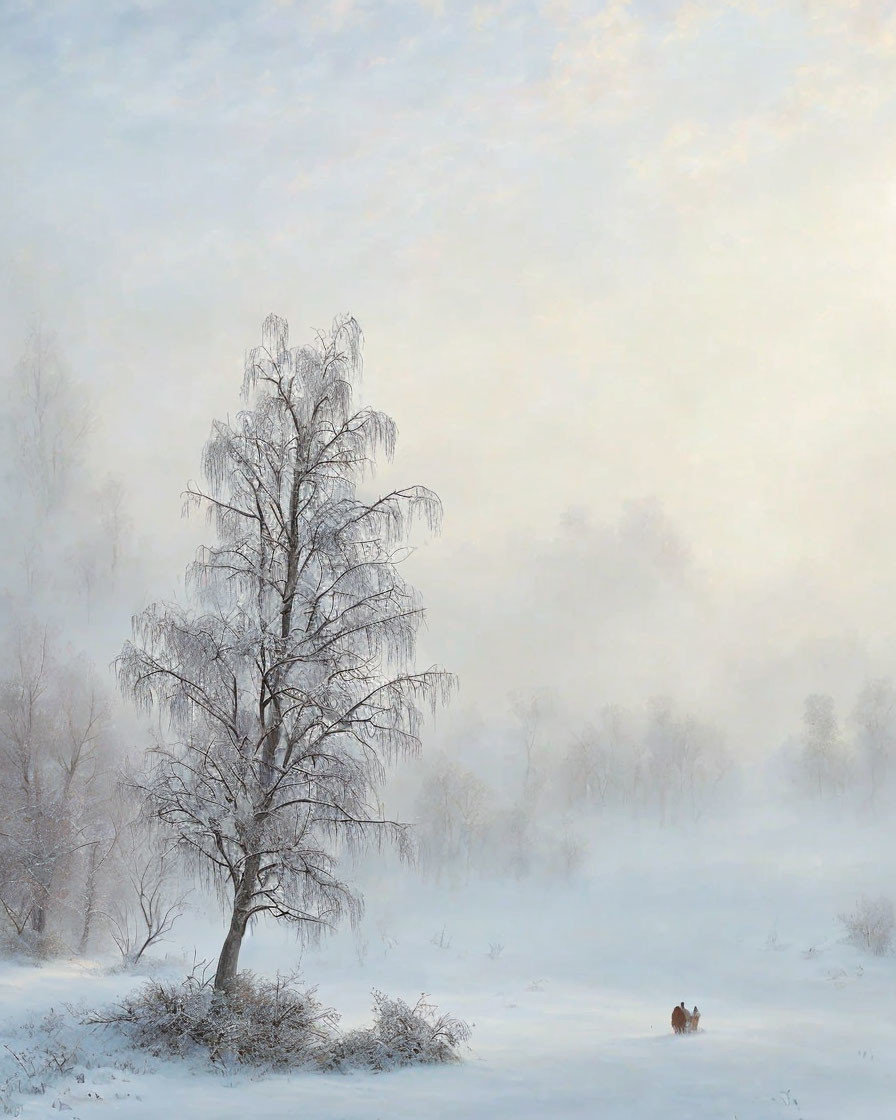 Frost-covered tree in serene winter scene with faint animal silhouette