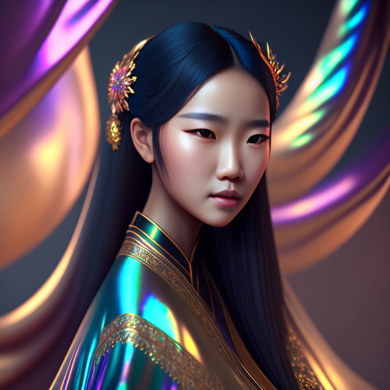 Digital art portrait of woman with blue hair, golden hairpins, vibrant robe, pastel backdrop