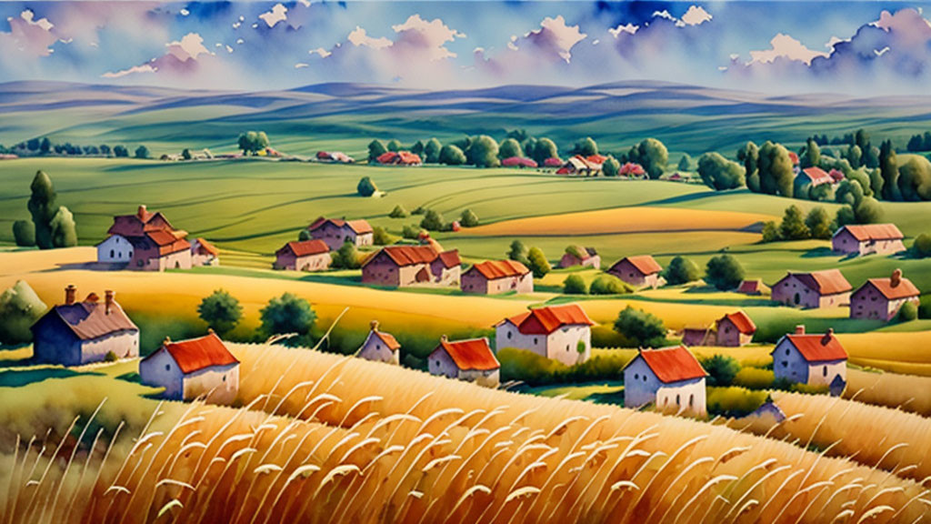 Scenic rural landscape with wheat fields, houses, hills, and cloudy sky