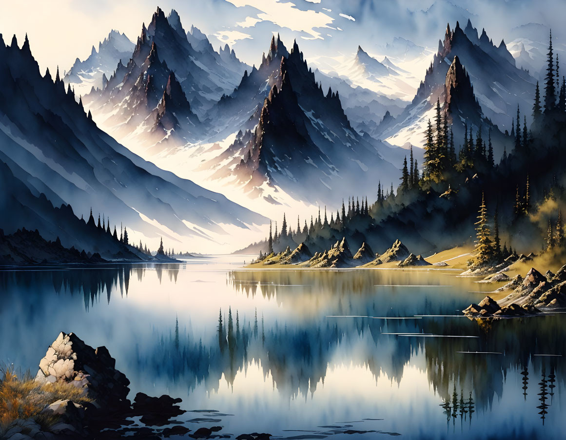 Tranquil mountain lake with reflective waters and rugged peaks