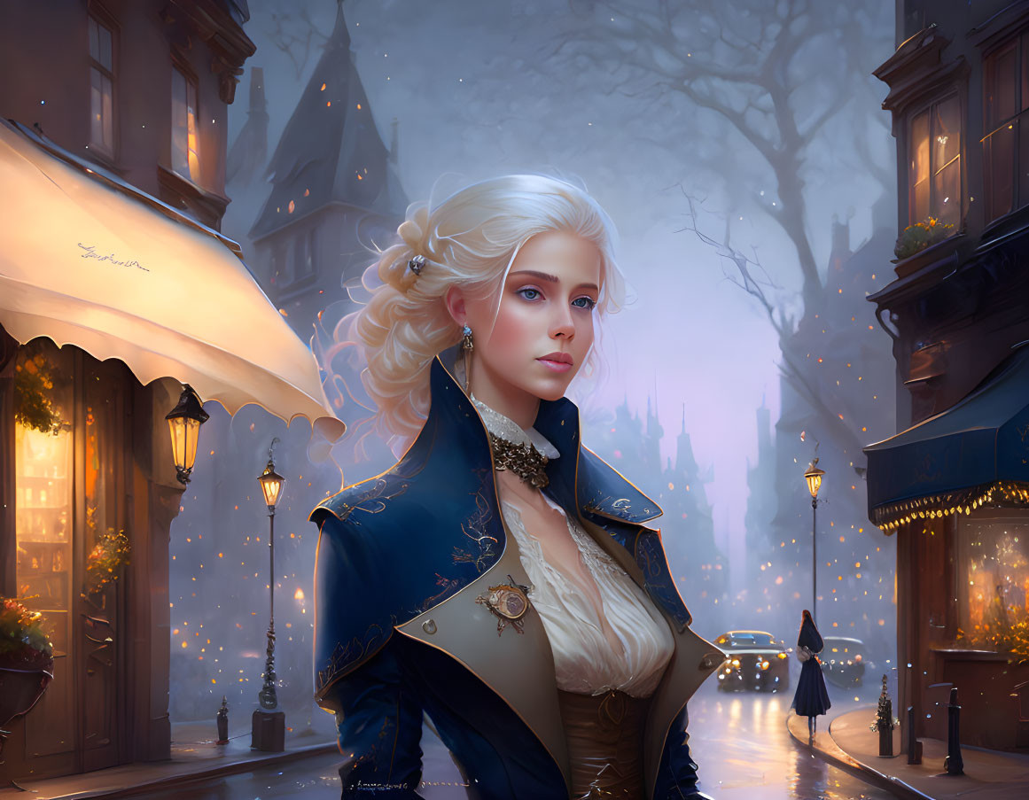 Blond woman in blue jacket on misty, lamp-lit street.