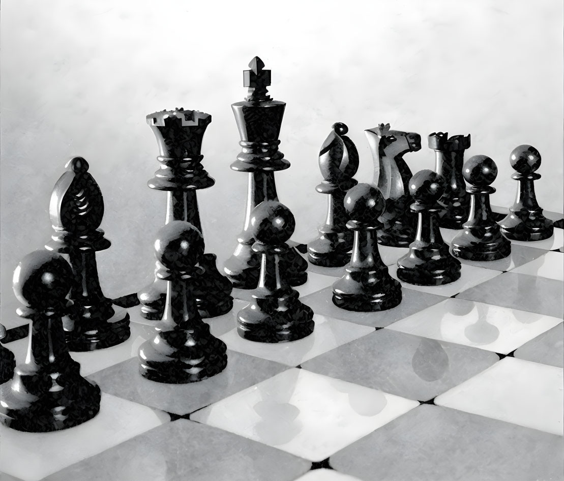 Reflective chessboard with black pieces on blurred background