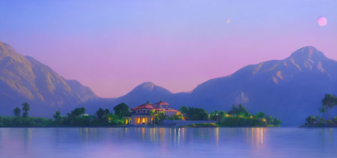 Serene sunset over lake with villa on island surrounded by mountains