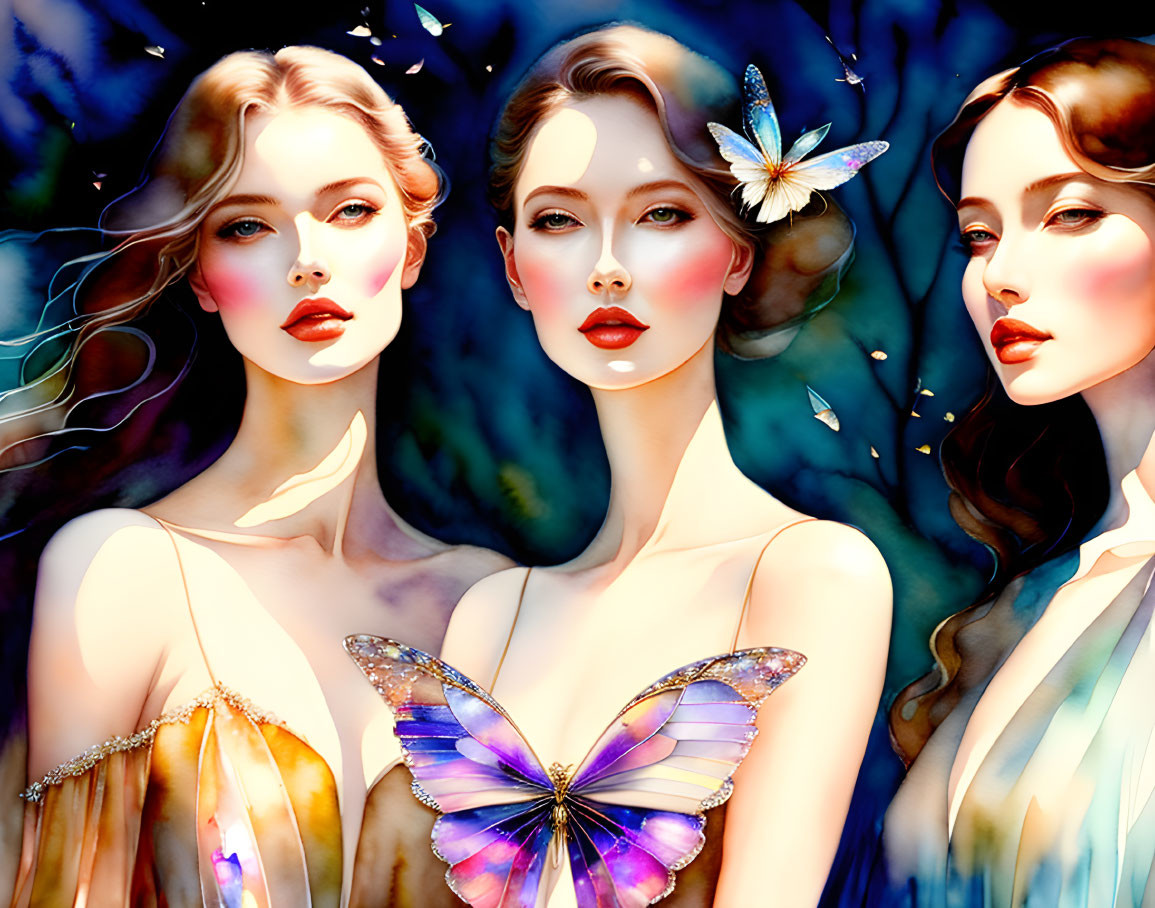 Ethereal women with striking makeup surrounded by butterflies on a dark backdrop