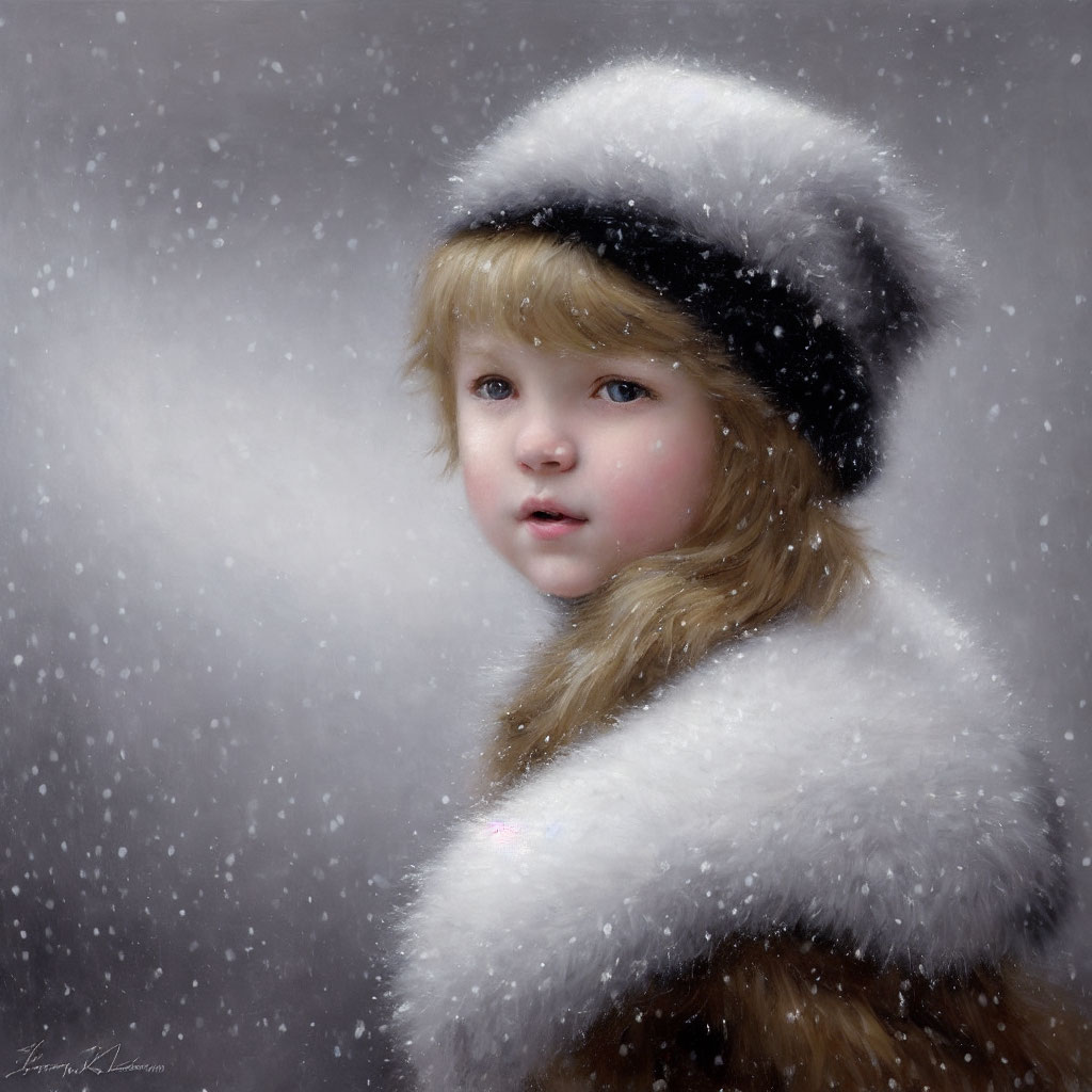 Blond girl in white furry hat and coat in snowfall