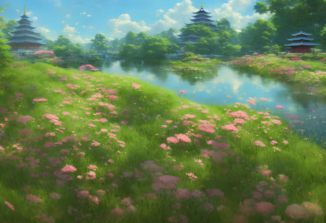 Tranquil Landscape with Pink Flowers, Pond, and Pagoda Buildings