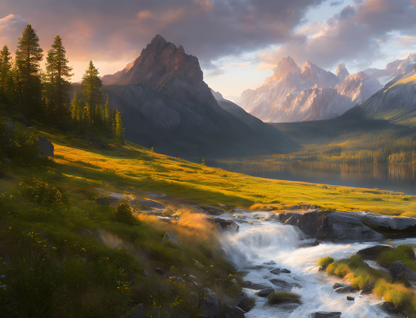 Tranquil mountain landscape with river, meadow, and sunset glow