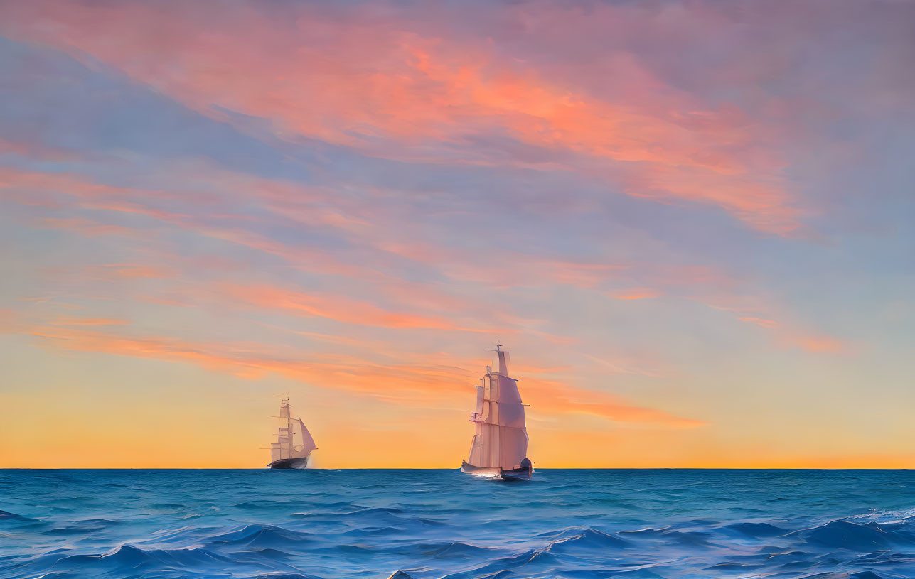 Tall Ships Sailing at Sunset on Calm Blue Sea