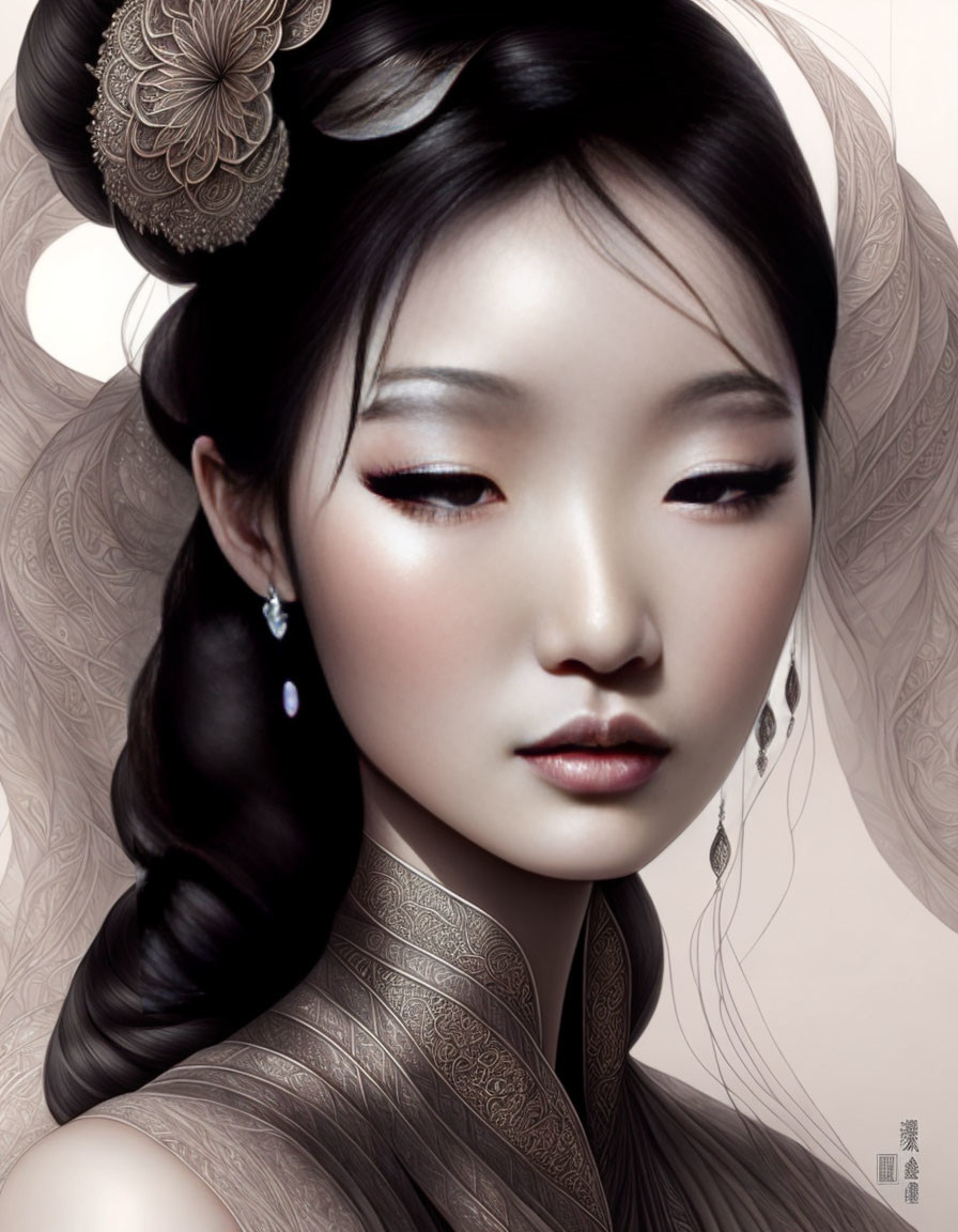 Detailed illustration of woman with elegant hairstyle, floral accessories, subtle makeup, and intricate garments