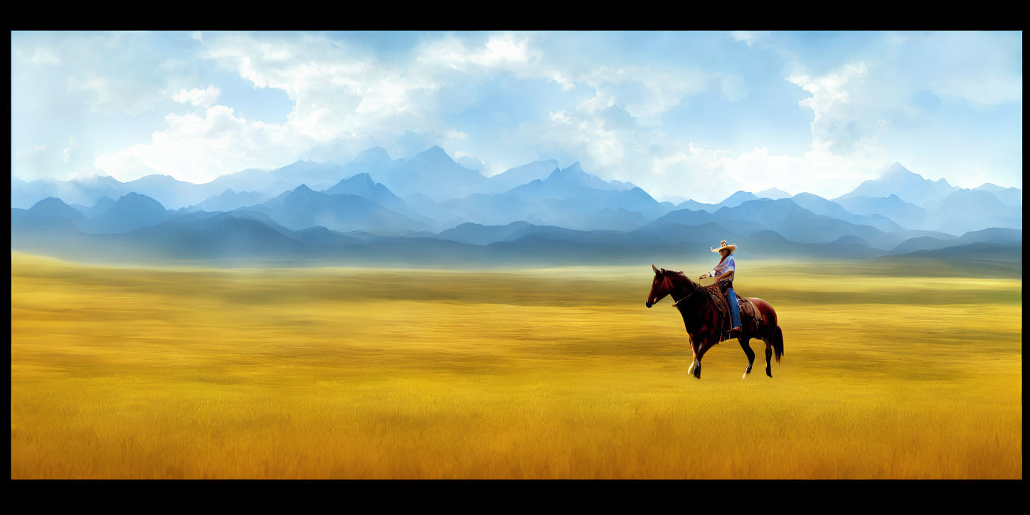 Horseback rider in golden field with foggy mountains