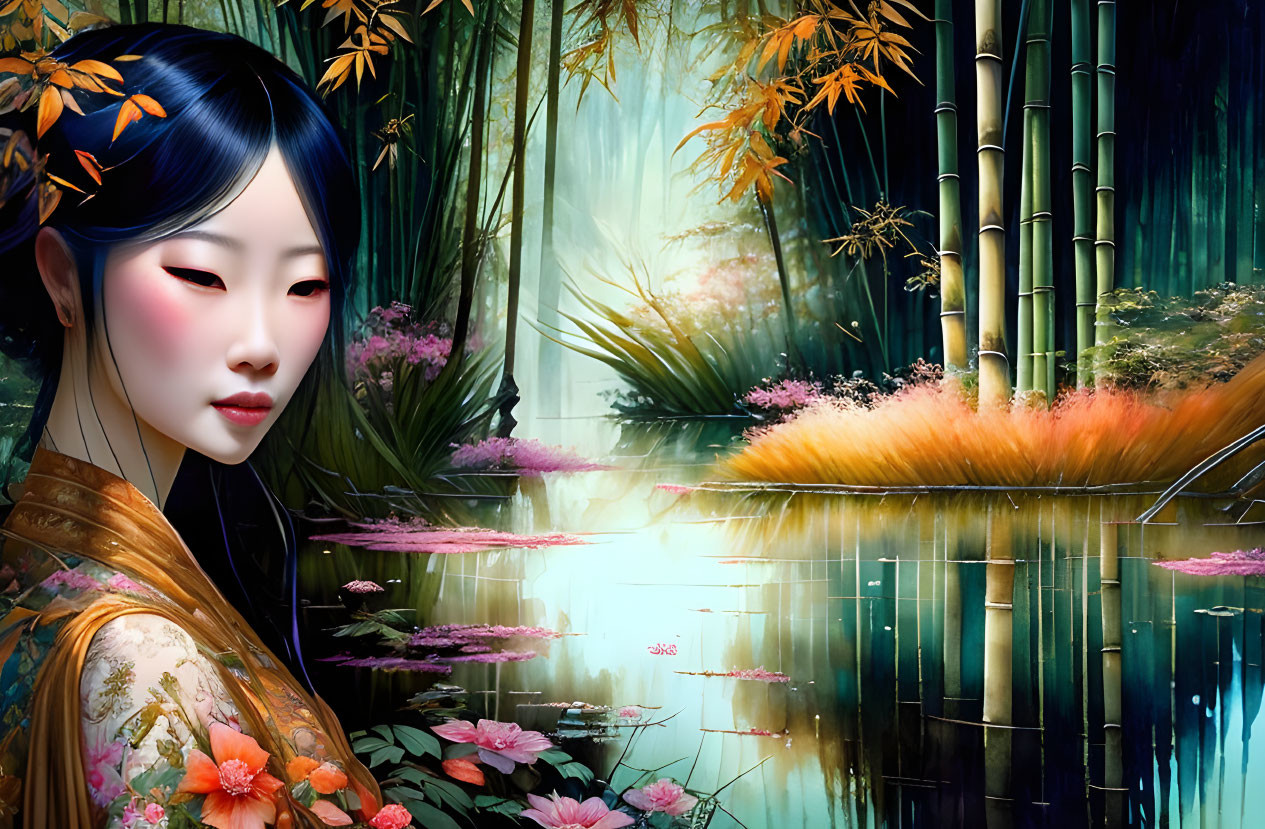 Tranquil Asian woman in traditional attire by bamboo forest pond