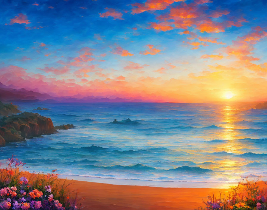 Colorful sunset beach painting with orange clouds, blue waves, rocky coastline, and flowers.