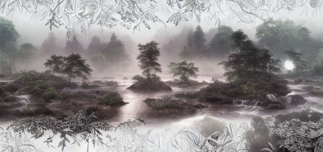 Monochromatic misty river landscape with waterfalls, fog-covered trees, and moon peeking through