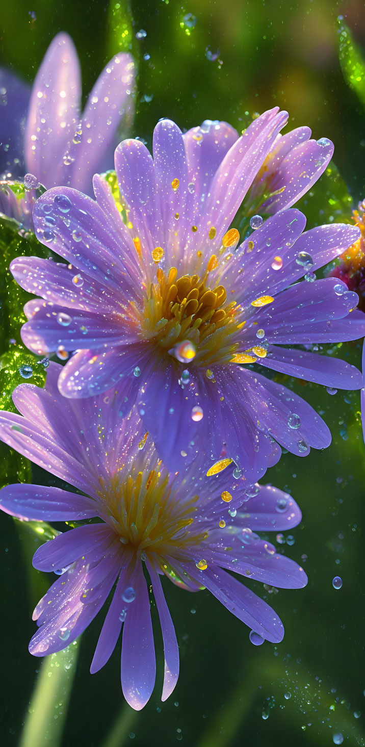 Violet aster flowers with water droplets under soft sunlight on green bokeh background