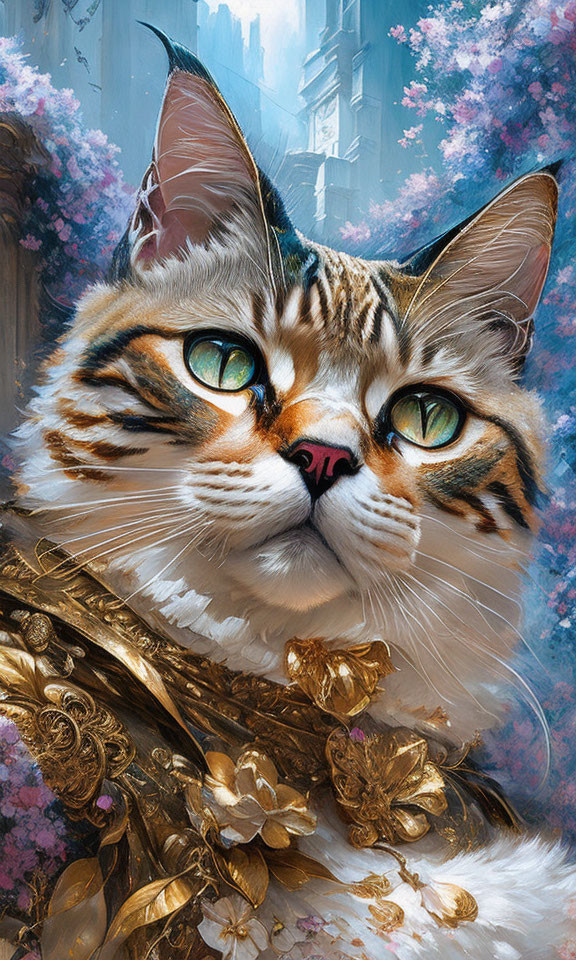 Detailed illustration: Majestic cat with vibrant green eyes in ornate golden outfit against blue and pink backdrop