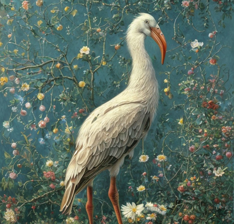 Stork in white feathers surrounded by pink and yellow flowers