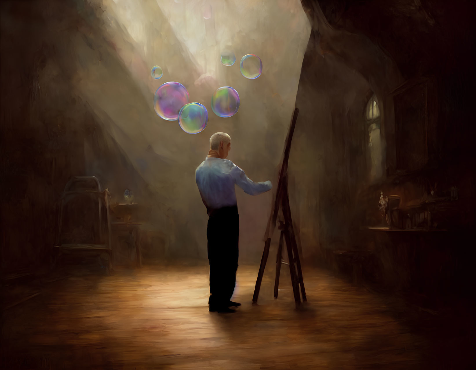 Elderly artist painting in dimly lit studio with colorful bubbles