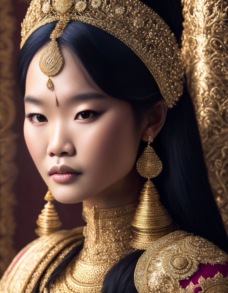 Woman in ornate gold jewelry against red and gold backdrop