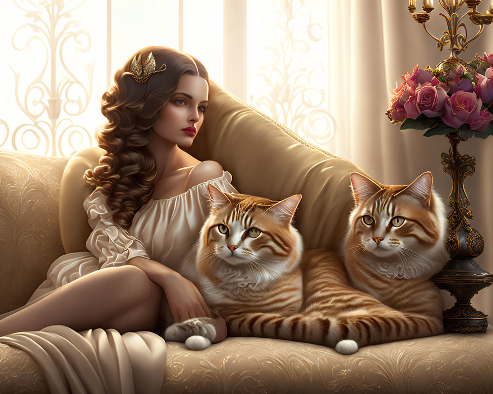 Woman with wavy hair sitting near two large cats on elegant sofa by window with vase of roses.