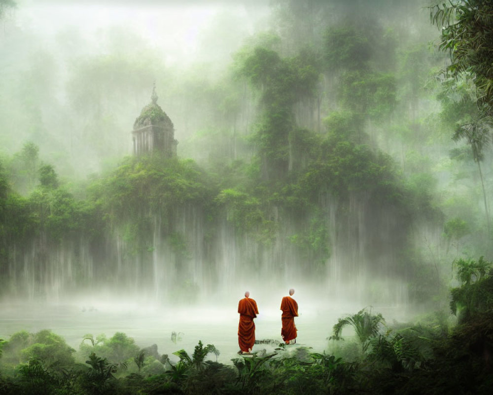 Monks in orange robes by misty lake and ancient temple.