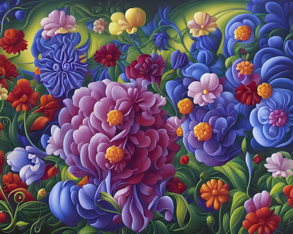 Colorful Stylized Flower Painting with Lush Green Leaves