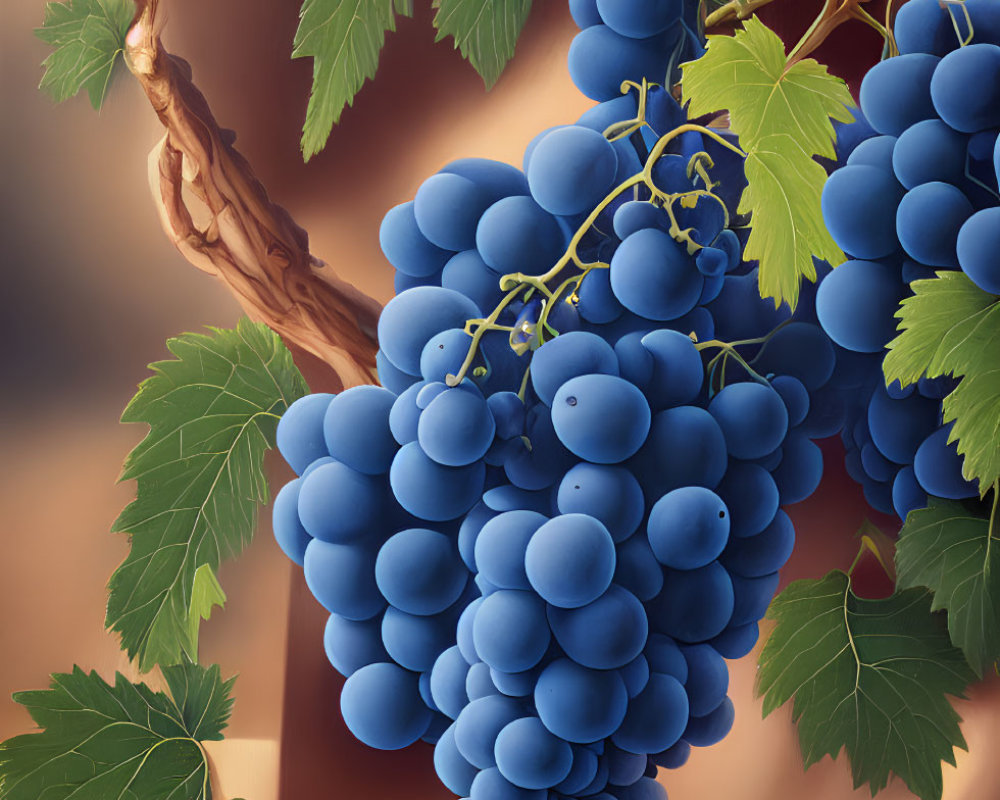 Blue grapes bunch with green leaves on vine against warm brown backdrop